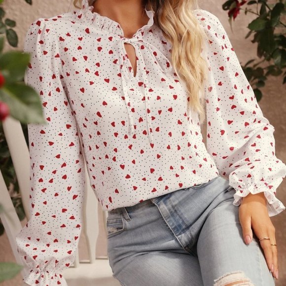 . Tops - Heart & Polka Dot Frill Trim Tie Neck Flounce Sleeve Blouse